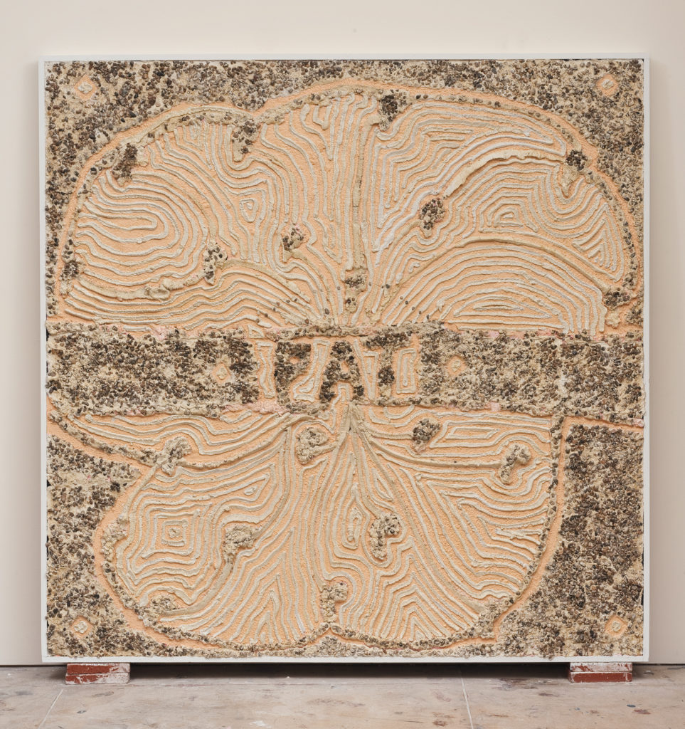 Pat 2013 flatwork by Aaron King Art cement, lathe, wood, paint 78''x 78''